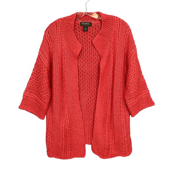 Eddie Bauer 100% Linen Open Knit Sweater Size M Crochet Cardigan Vintage - Picture 2 of 13